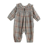 Chestnut Long Sleeve Plaid Ruffle Collar Smocked Bubble Romper
