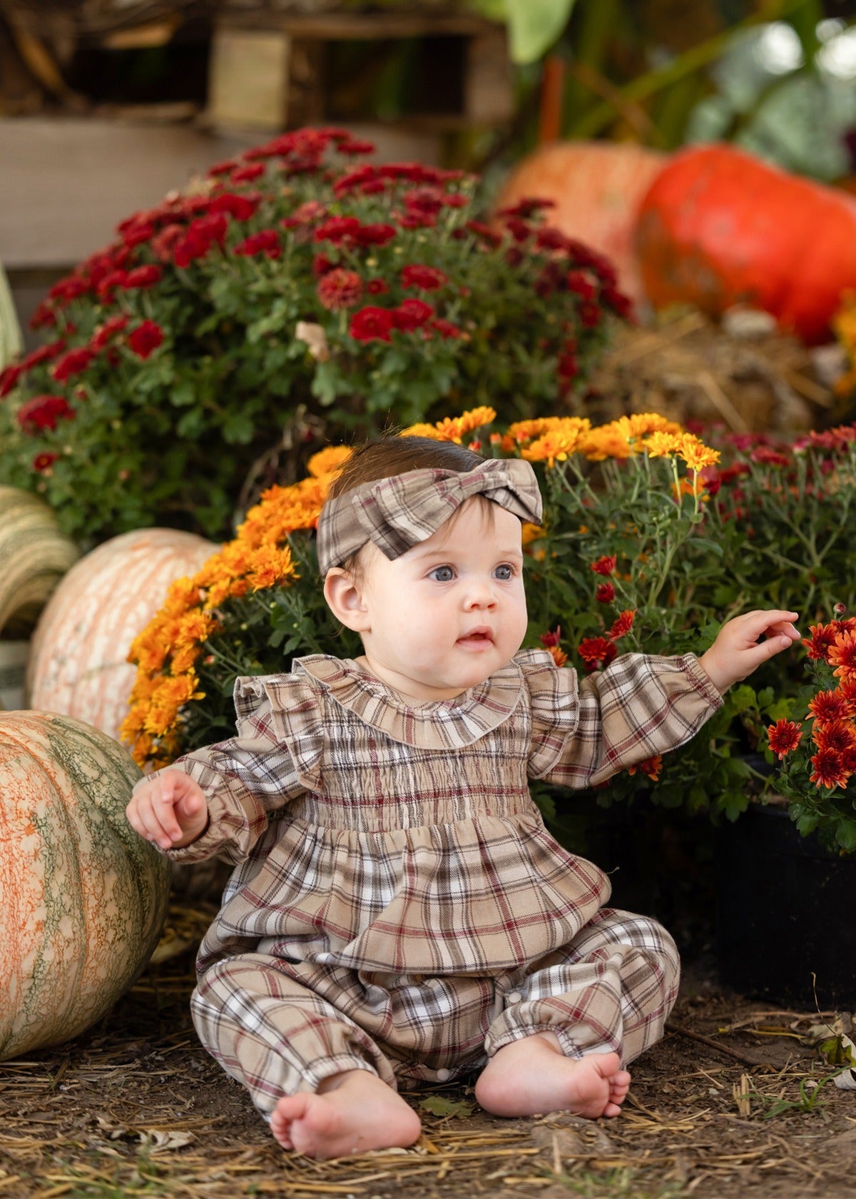 A baby wearing the Mabel and Honey Chestnut Long Sleeve Plaid Ruffle Collar Smocked Bubble Romper with a matching headband sits on straw surrounded by pumpkins and vibrant autumn blooms, including red and yellow mums, in a festive fall scene.