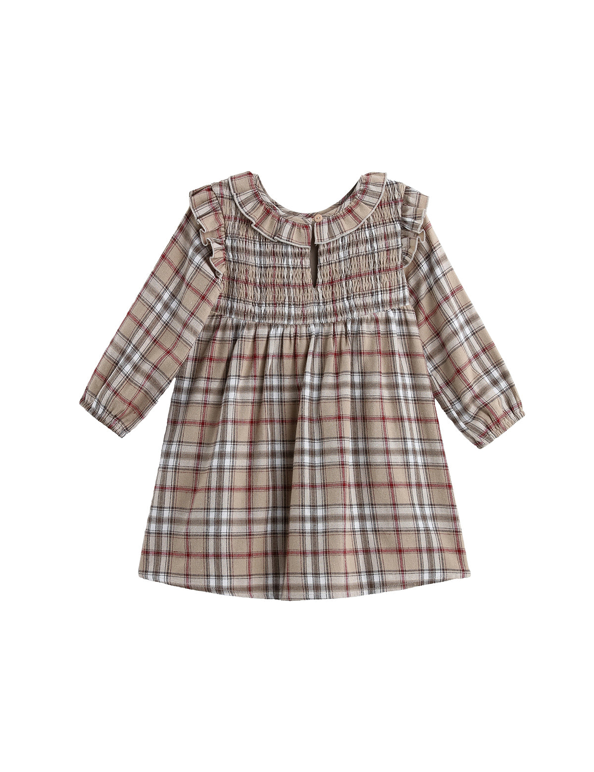 Chestnut Long Sleeve Plaid Ruffle Collar Smocked Bodice Dress