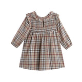 Chestnut Long Sleeve Plaid Ruffle Collar Smocked Bodice Dress