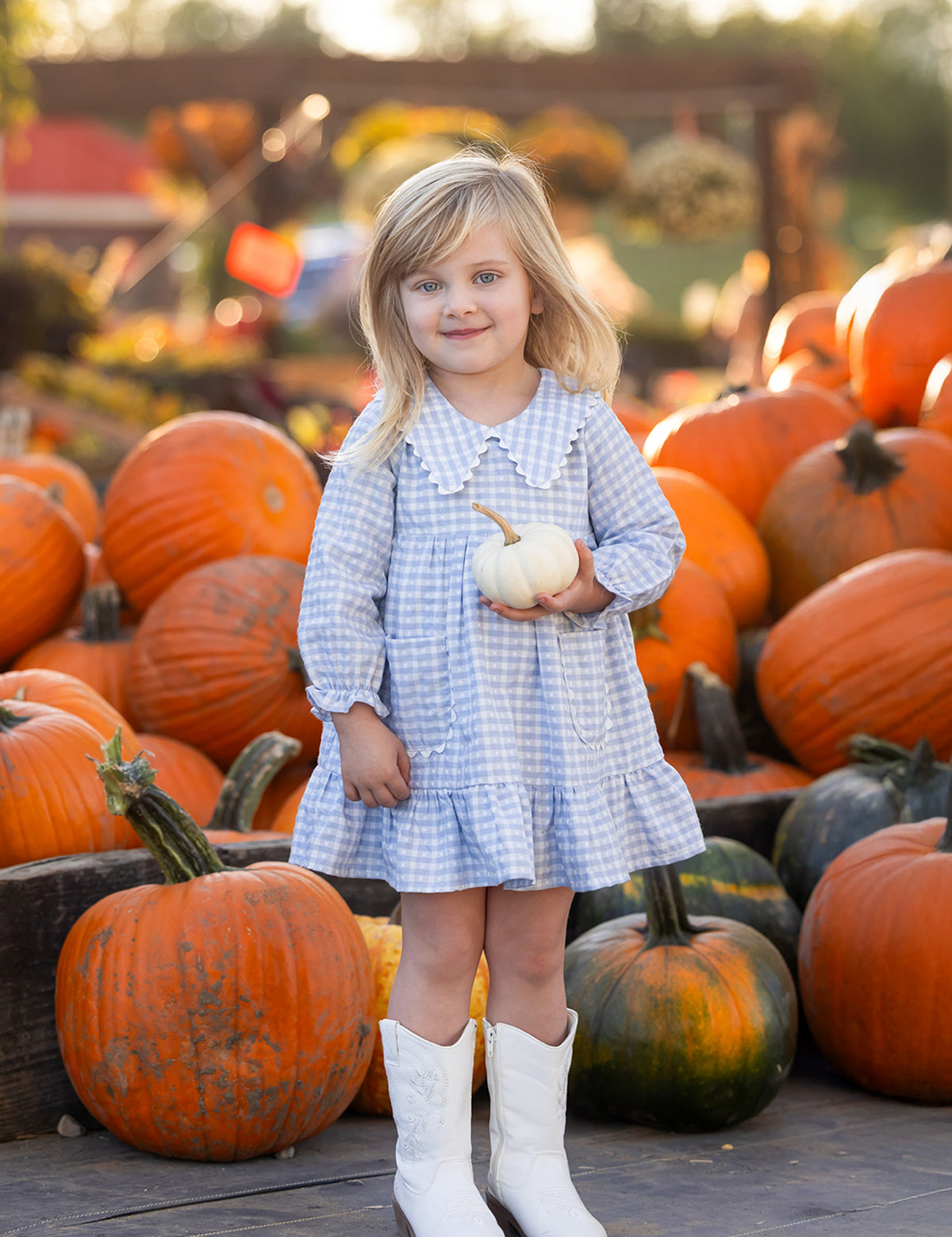A young girl, smiling at the camera in an outdoor autumn setting, stands among pumpkins wearing the Mabel and Honey Ella Rae Long Sleeve Gingham Peter Pan Collar Tiered Dress and white boots. She holds a small white pumpkin in her hands.