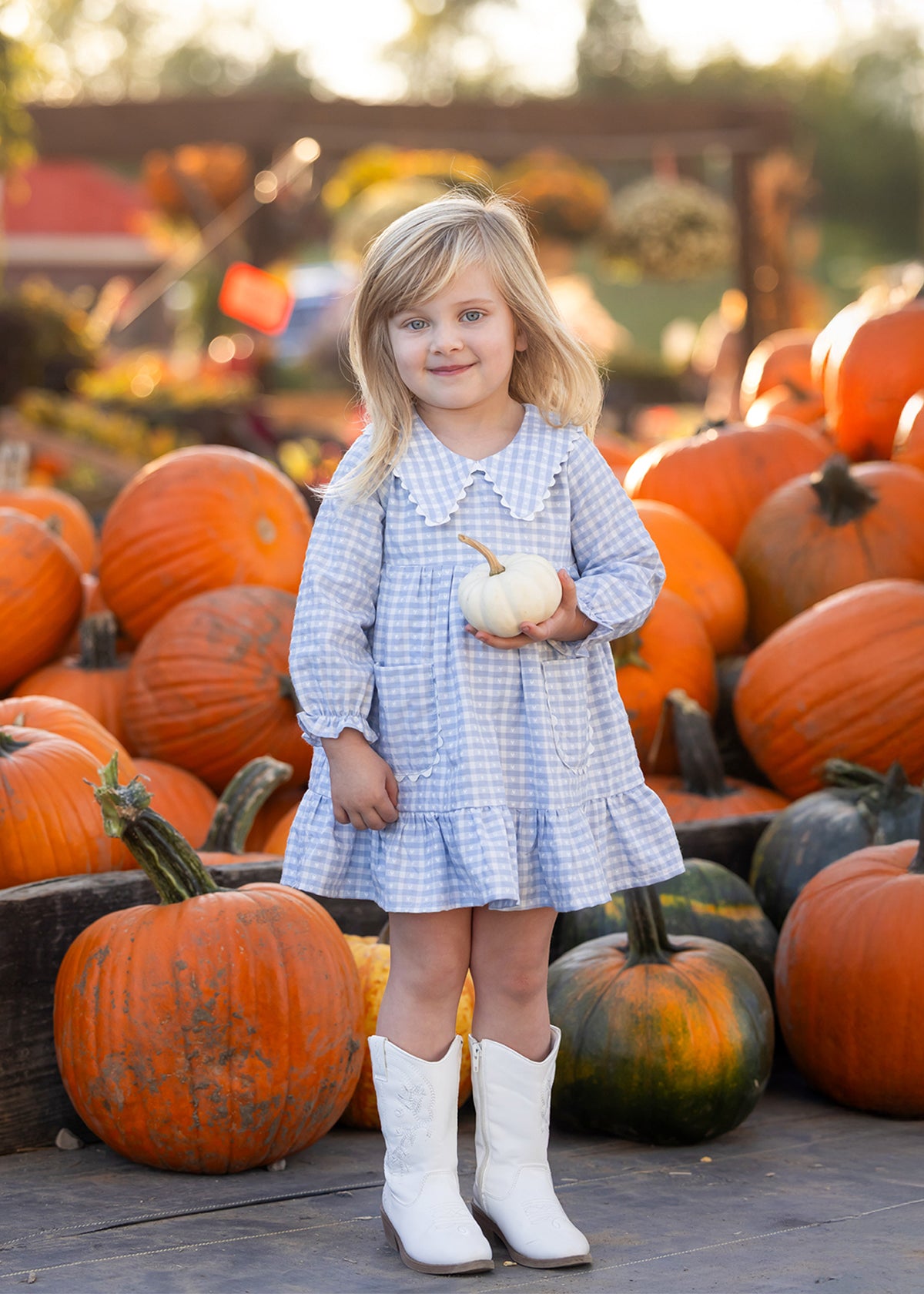 A young girl, smiling at the camera in an outdoor autumn setting, stands among pumpkins wearing the Mabel and Honey Ella Rae Long Sleeve Gingham Peter Pan Collar Tiered Dress and white boots. She holds a small white pumpkin in her hands.
