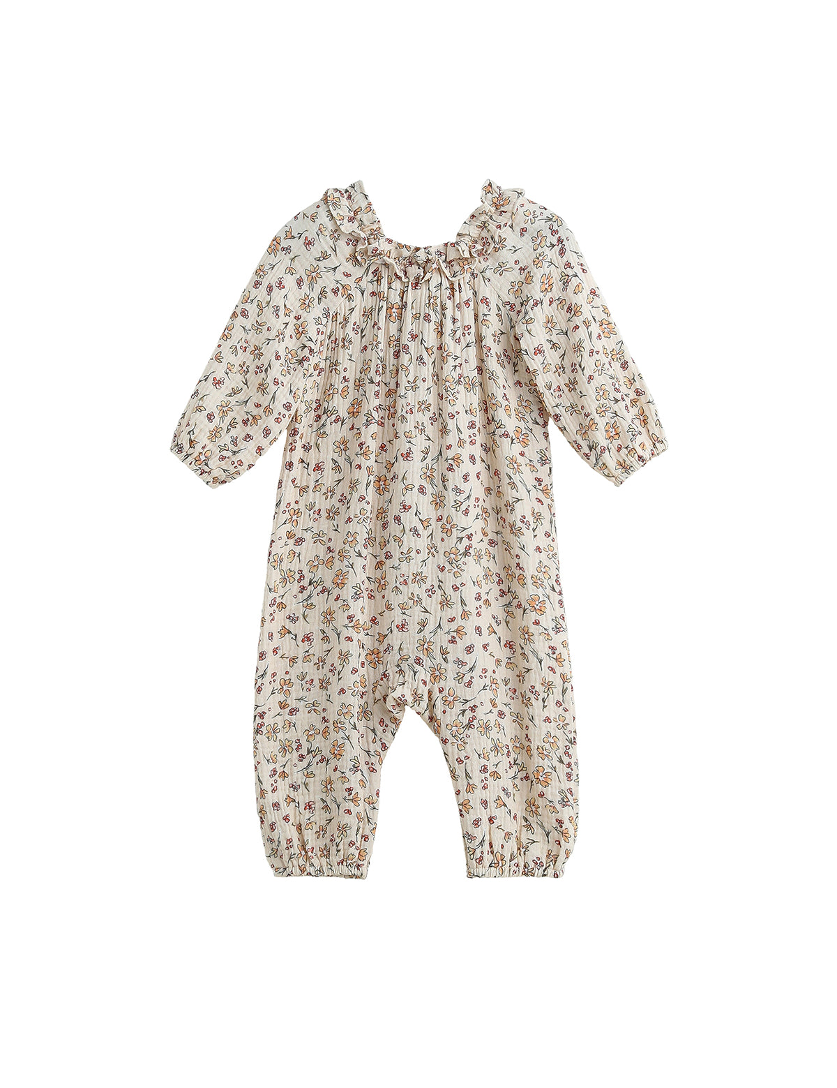 Autumn Breeze Long Sleeve Floral Ruffle Neck Straight Leg Romper