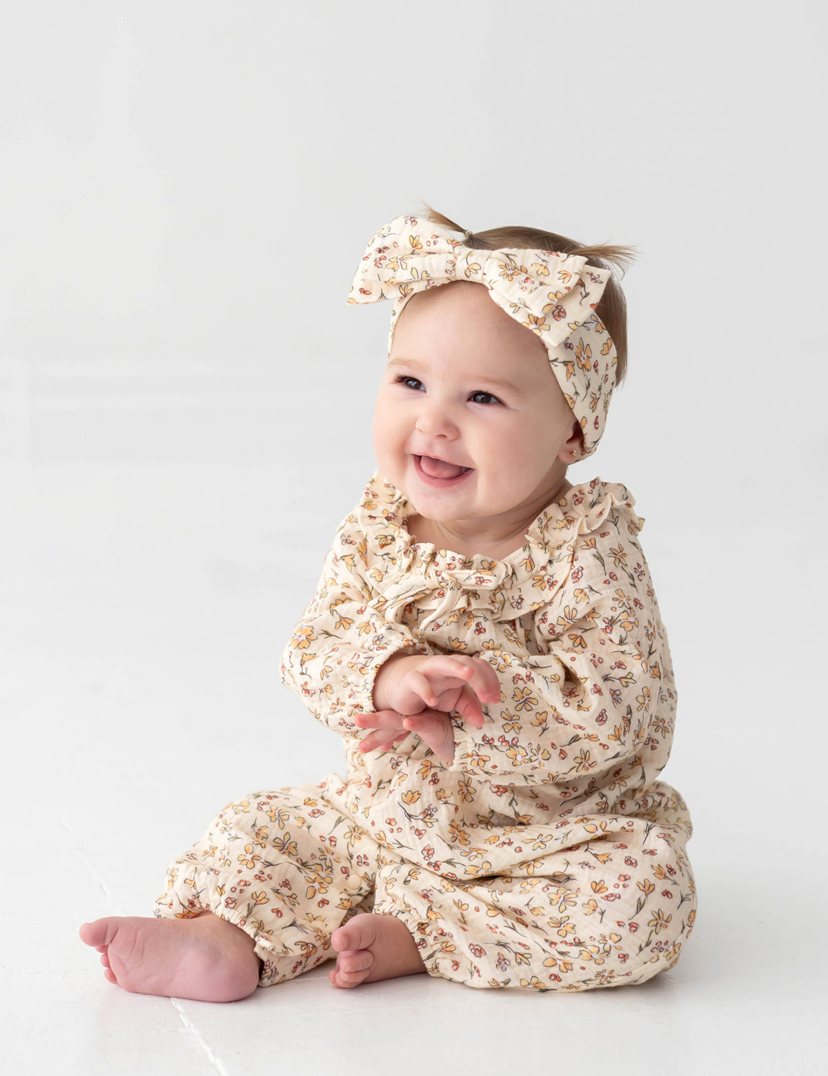 Autumn Breeze Long Sleeve Floral Ruffle Neck Straight Leg Romper