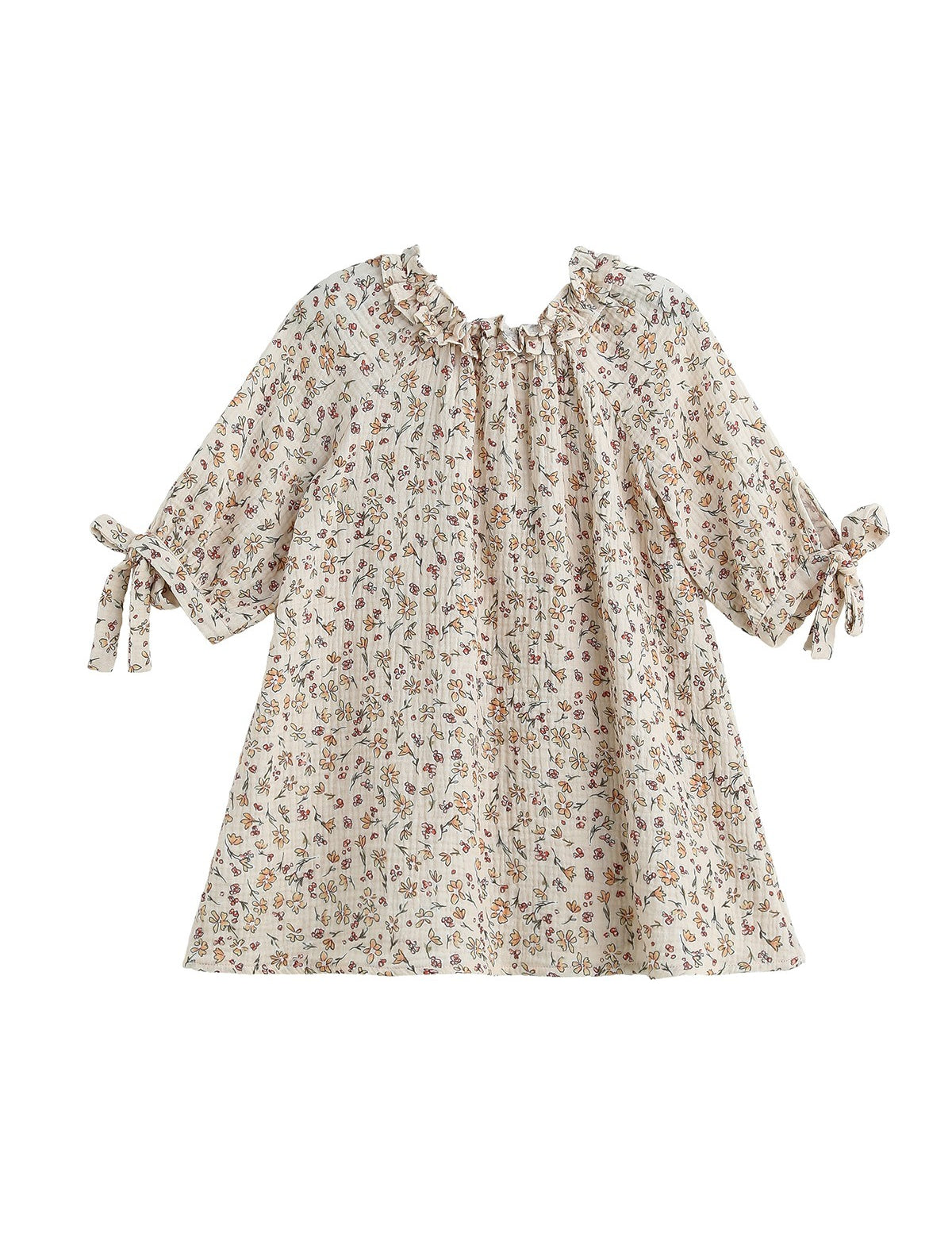 Autumn Breeze Three Quarter Sleeve Floral Ruffle Neck Tie Cuff A Line Dress