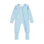 Introducing the Cactus Kisses Convertible Romper Long Sleeve Solid Straight Leg Convertible Romper by Mabel + Honey: This light blue baby romper is made from soft tencel knit and features charming ruffled shoulder details, a convenient front zipper closure, and ribbed cuffs on the sleeves and legs. Combining both style and comfort, it’s the perfect choice for your little one.