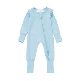 Introducing the Cactus Kisses Convertible Romper Long Sleeve Solid Straight Leg Convertible Romper by Mabel + Honey: This light blue baby romper is made from soft tencel knit and features charming ruffled shoulder details, a convenient front zipper closure, and ribbed cuffs on the sleeves and legs. Combining both style and comfort, it’s the perfect choice for your little one.