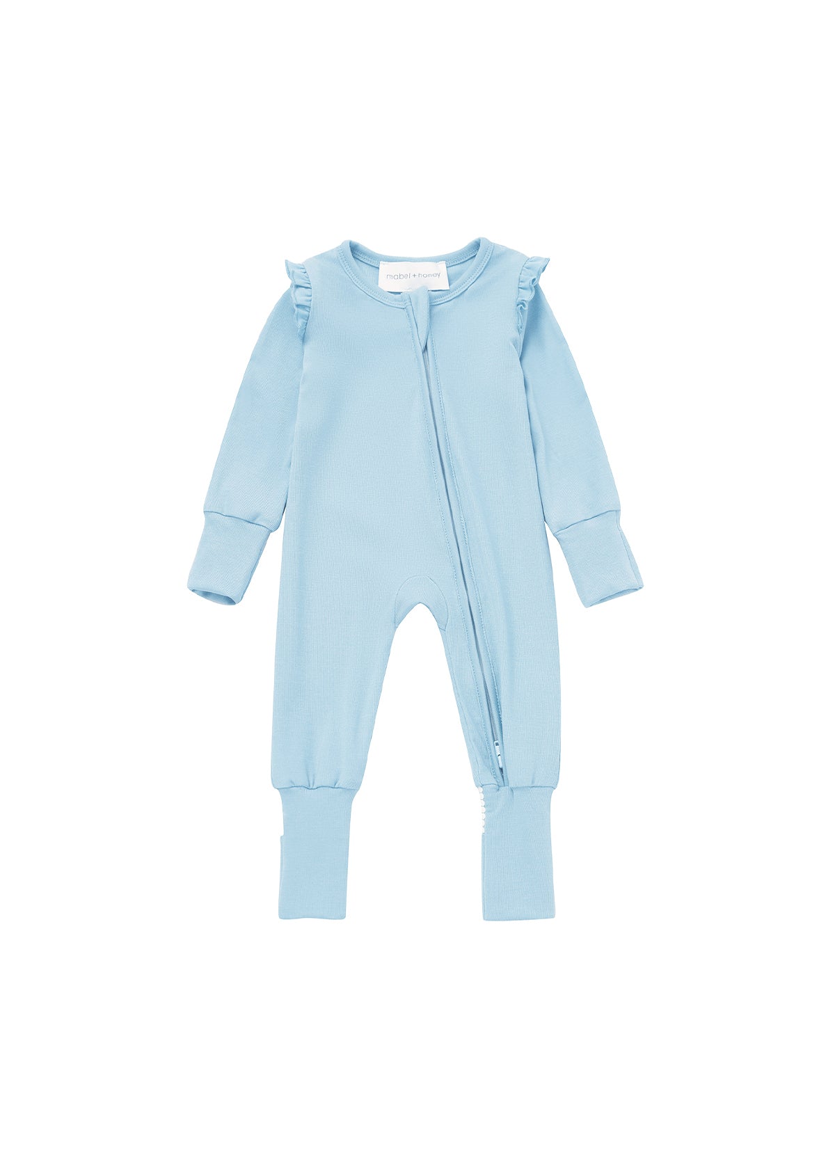 Introducing the Cactus Kisses Convertible Romper Long Sleeve Solid Straight Leg Convertible Romper by Mabel + Honey: This light blue baby romper is made from soft tencel knit and features charming ruffled shoulder details, a convenient front zipper closure, and ribbed cuffs on the sleeves and legs. Combining both style and comfort, it’s the perfect choice for your little one.