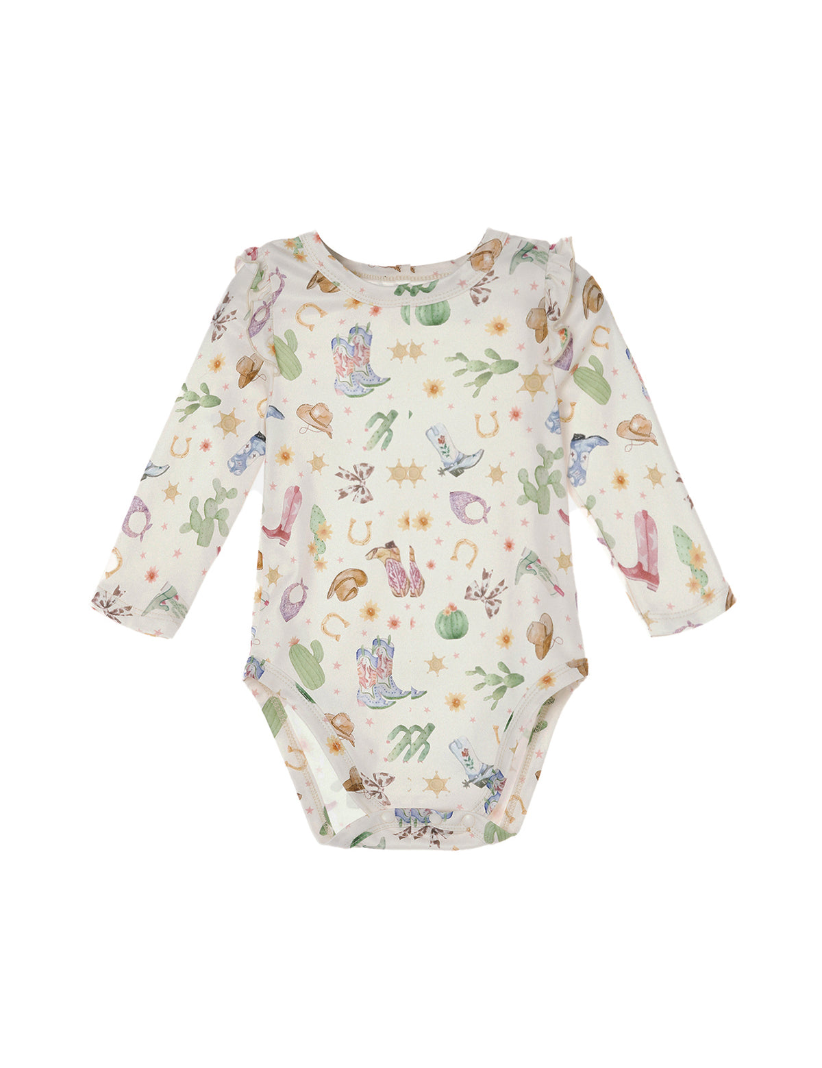 Outfit your little one in charming Western style with the Mabel and Honey Cactus Kisses Bodysuit Long Sleeve Western Print Ruffle Shoulder Bodysuit. This cream bodysuit features long sleeves, adorable ruffle shoulders, and a playful pastel print of cowboy boots, hats, cacti, horseshoes, and sheriff stars—perfect for adding a touch of fun to your baby’s wardrobe.