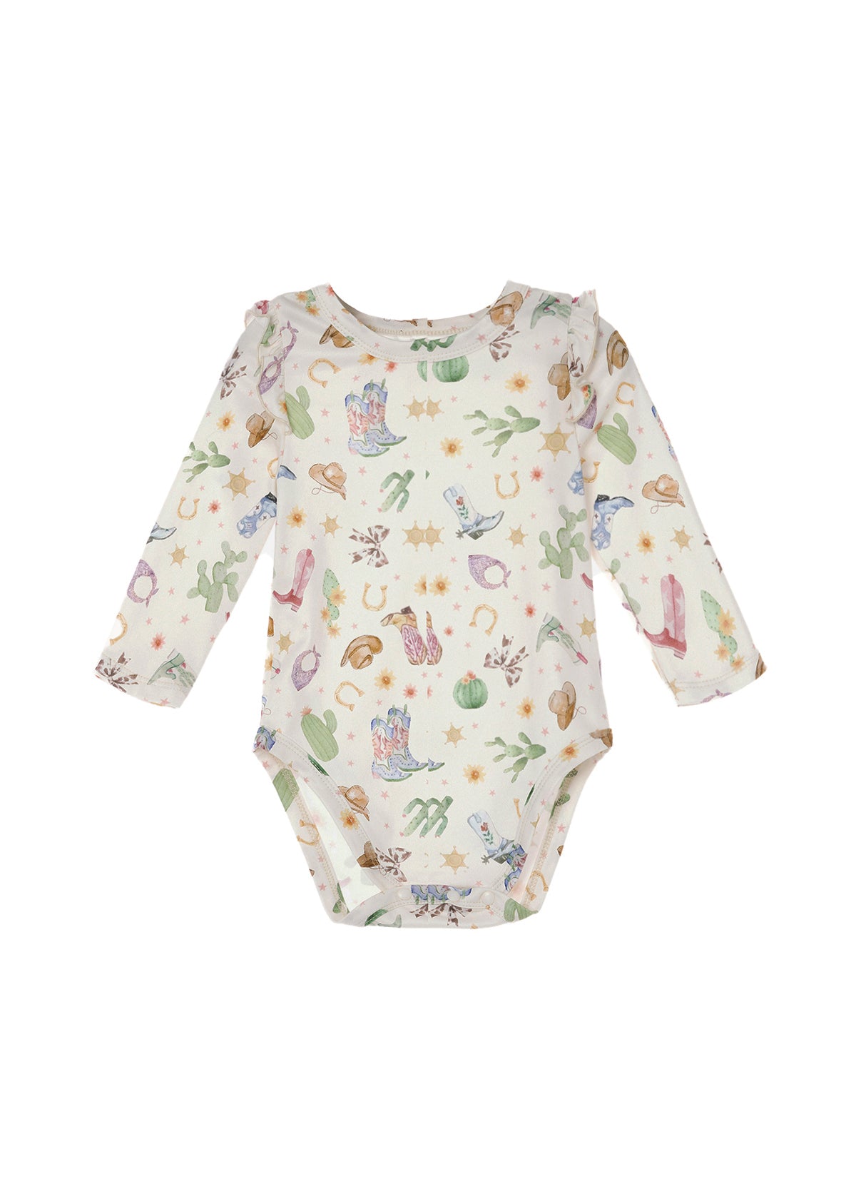 Outfit your little one in charming Western style with the Mabel and Honey Cactus Kisses Bodysuit Long Sleeve Western Print Ruffle Shoulder Bodysuit. This cream bodysuit features long sleeves, adorable ruffle shoulders, and a playful pastel print of cowboy boots, hats, cacti, horseshoes, and sheriff stars—perfect for adding a touch of fun to your baby’s wardrobe.