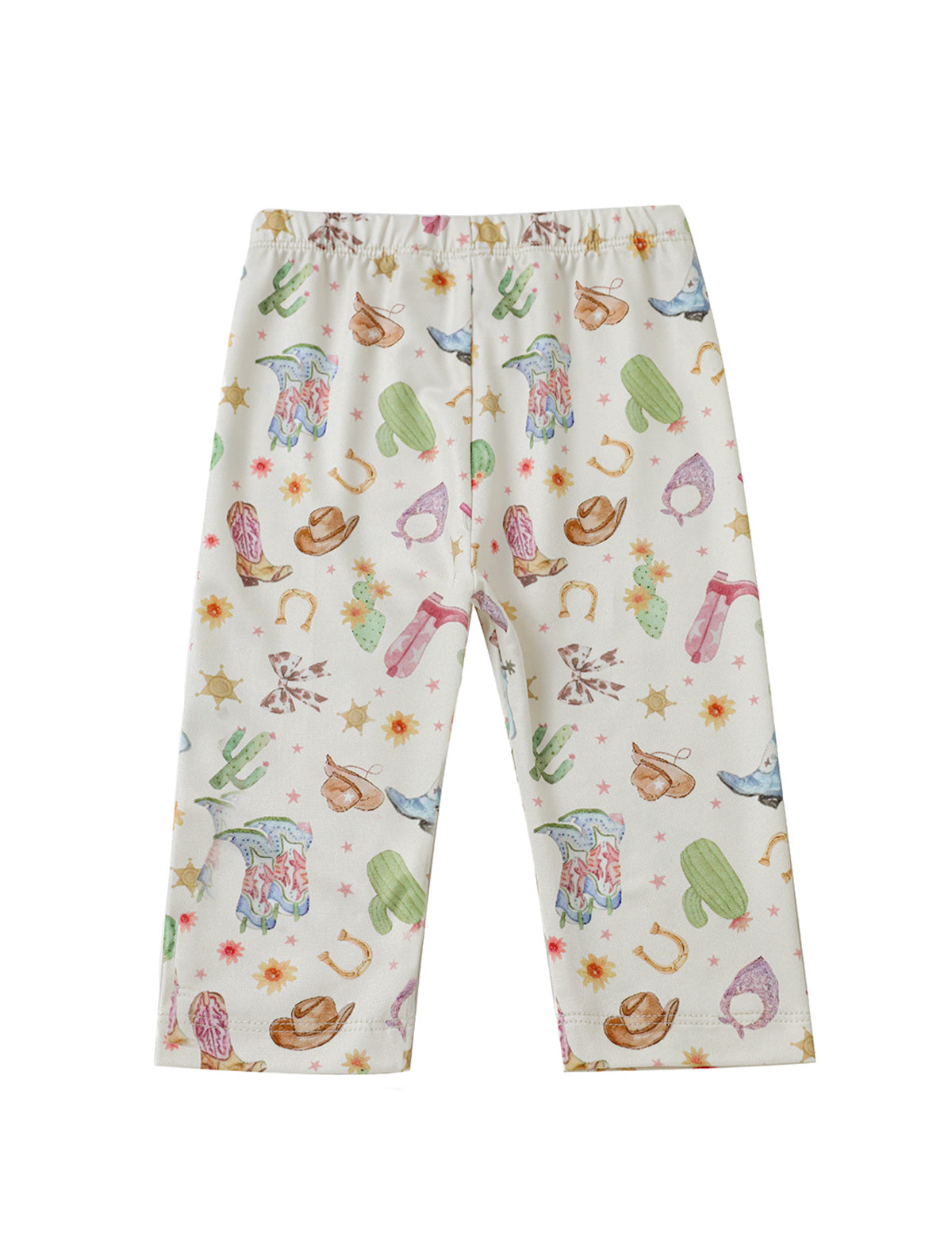 The Cactus Kisses Legging Long Sleeve Print Straight Leg Leggings by Mabel and Honey are crafted from soft stretch jersey and feature a vibrant Western-themed pattern with cowboy hats, boots, cacti, stars, horseshoes, and bandanas on a crisp white background—perfect for little cowgirls who adore unique cactus print leggings.