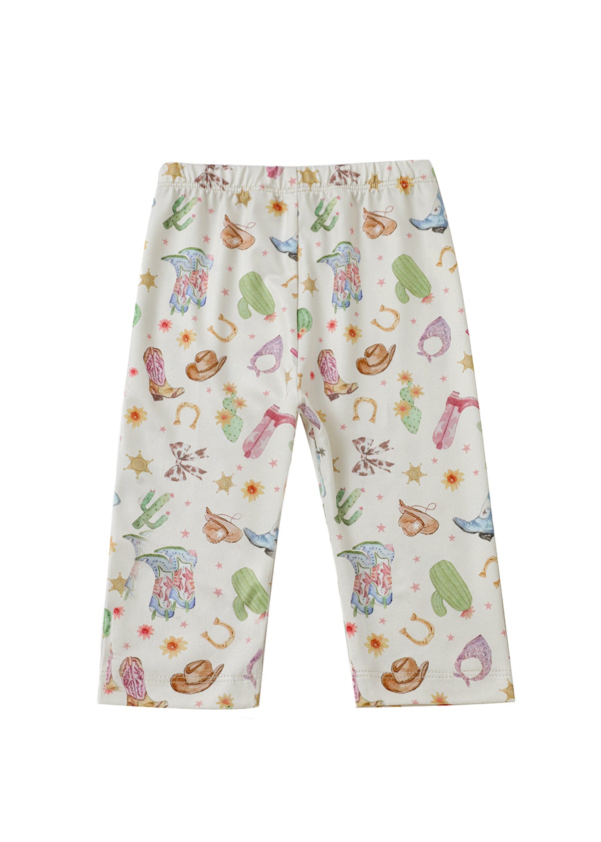 Mabel and Honey’s Cactus Kisses Western Print Elastic Waist Leggings are crafted from a soft stretch knit and feature a playful, colorful western motif with cowboy hats, boots, cacti, horseshoes, and more.