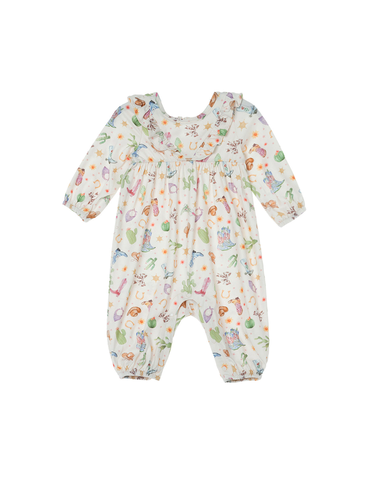 Dress your little one in the Mabel and Honey Cactus Kisses Romper, a long-sleeved bubble romper featuring a ruffle collar and charming western-inspired print with colorful cacti, flowers, animals, and playful objects on a crisp white background.