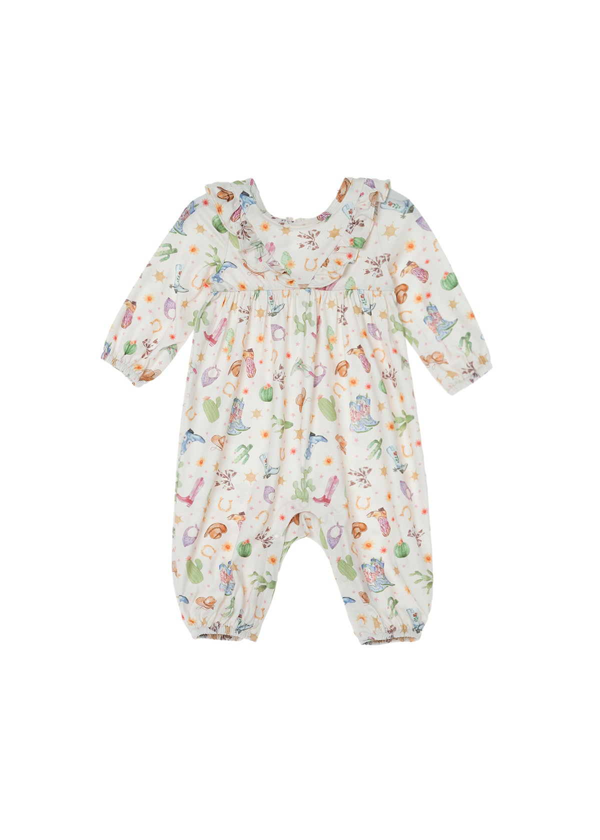 Dress your little one in the Mabel and Honey Cactus Kisses Romper, a long-sleeved bubble romper featuring a ruffle collar and charming western-inspired print with colorful cacti, flowers, animals, and playful objects on a crisp white background.