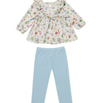 The Mabel and Honey Cactus Kisses Long Sleeve Print Ruffle Bib Top and Legging Set is a charming western-inspired girls’ cotton outfit, featuring a long-sleeve ruffle top with pastel animal prints and light blue leggings, displayed on a white background.