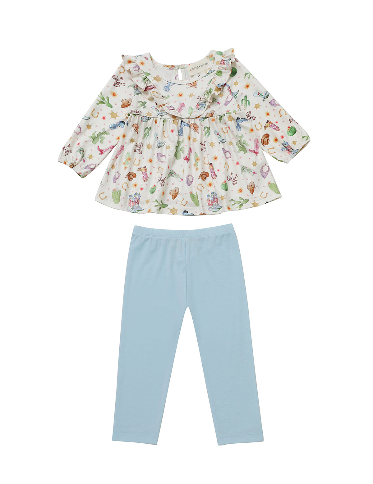 The Cactus Kisses Two Piece Set by Mabel and Honey features a long-sleeve, ruffled top adorned with colorful animal prints inspired by cowgirl outfit designs, paired with plain light blue leggings; both pieces are displayed on a white background.