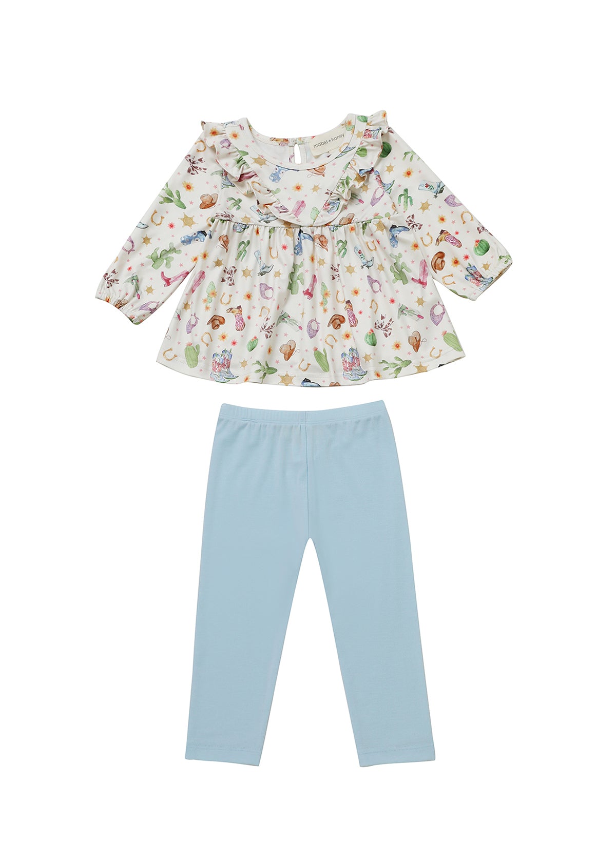 The Mabel and Honey Cactus Kisses Long Sleeve Print Ruffle Bib Top and Legging Set is a charming western-inspired girls’ cotton outfit, featuring a long-sleeve ruffle top with pastel animal prints and light blue leggings, displayed on a white background.