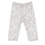 The Mabel and Honey Soft Meadow Legging Long Floral Elastic Waist Leggings are girls’ white leggings, featuring an all-over floral print in soft pastel shades of pink, purple, and green. These soft, stretchy leggings are shown laid flat on a white background.