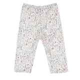 The Mabel and Honey Soft Meadow Legging Long Floral Elastic Waist Leggings are girls’ white leggings, featuring an all-over floral print in soft pastel shades of pink, purple, and green. These soft, stretchy leggings are shown laid flat on a white background.
