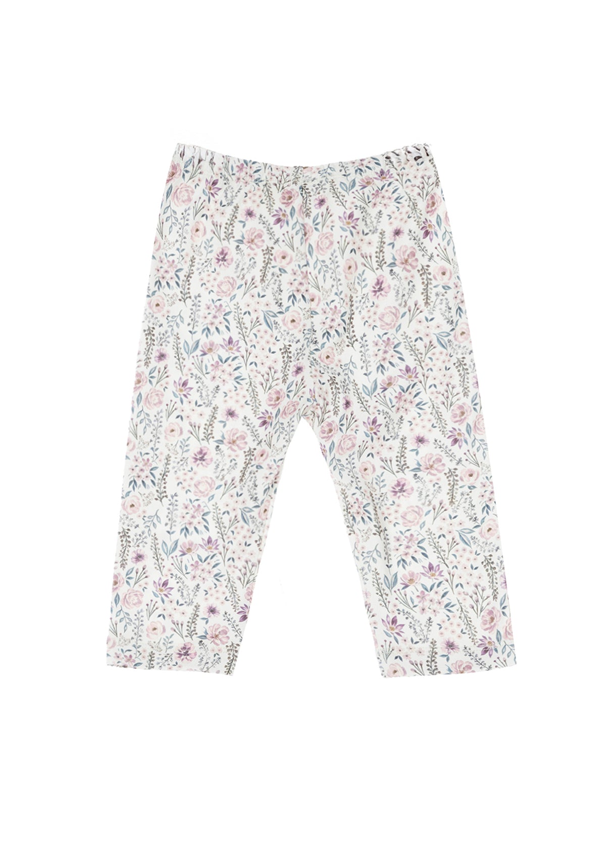 The Mabel and Honey Soft Meadow Legging Long Floral Elastic Waist Leggings are girls’ white leggings, featuring an all-over floral print in soft pastel shades of pink, purple, and green. These soft, stretchy leggings are shown laid flat on a white background.