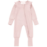Dress your baby in the Whimsical Wildflower Long Sleeve Ruffle Trim Zip Front Convertible Romper by Mabel and Honey, featuring a light pink blush hue, long sleeves, delicate ruffle details on the shoulders, and a convenient two-way diagonal zipper from neck to left leg. Its ribbed knit fabric provides a soft and cozy feel.