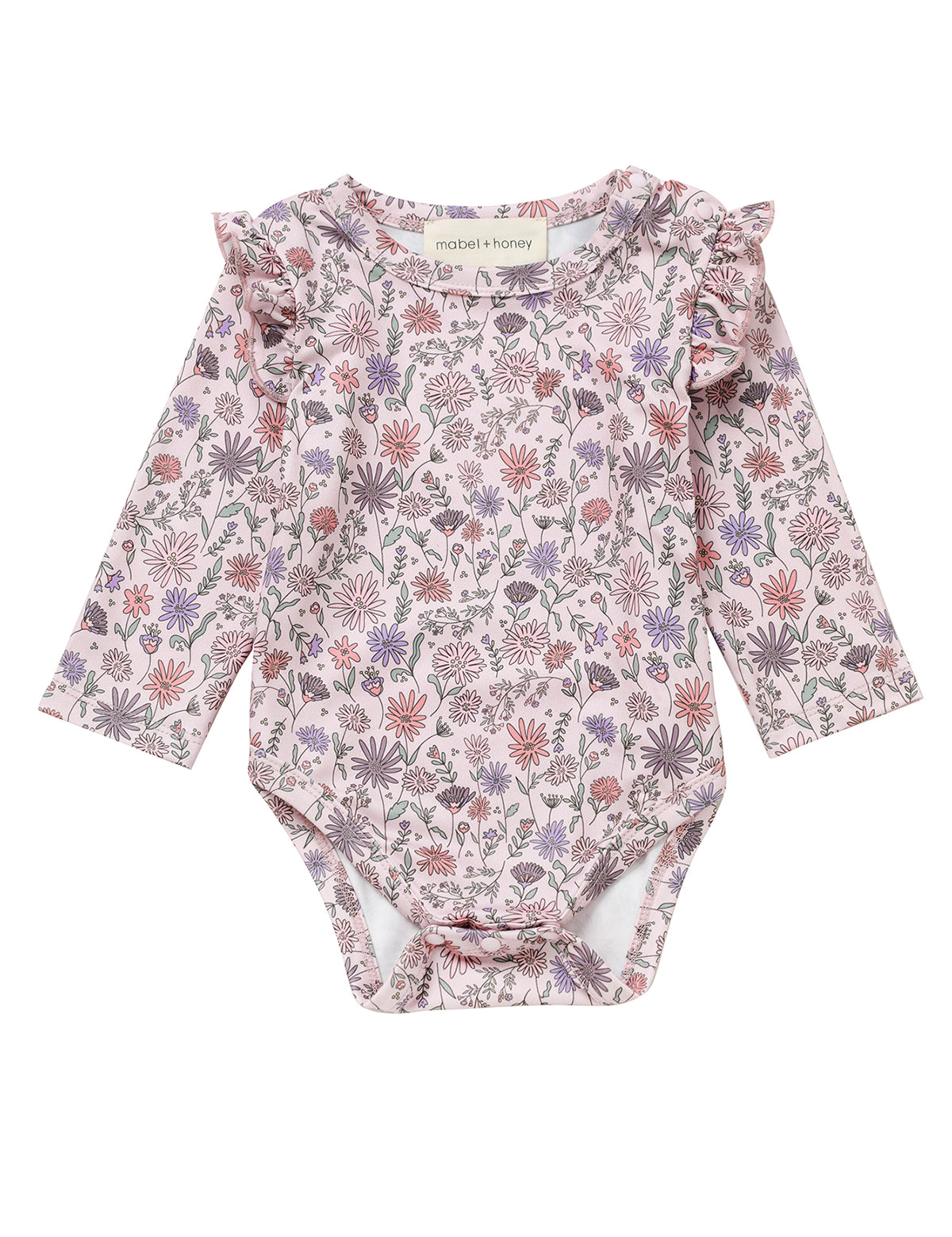 The Mabel and Honey Whimsical Wildflower Bodysuit features long sleeves, a charming floral print, and ruffle shoulders, displayed flat against a white background.