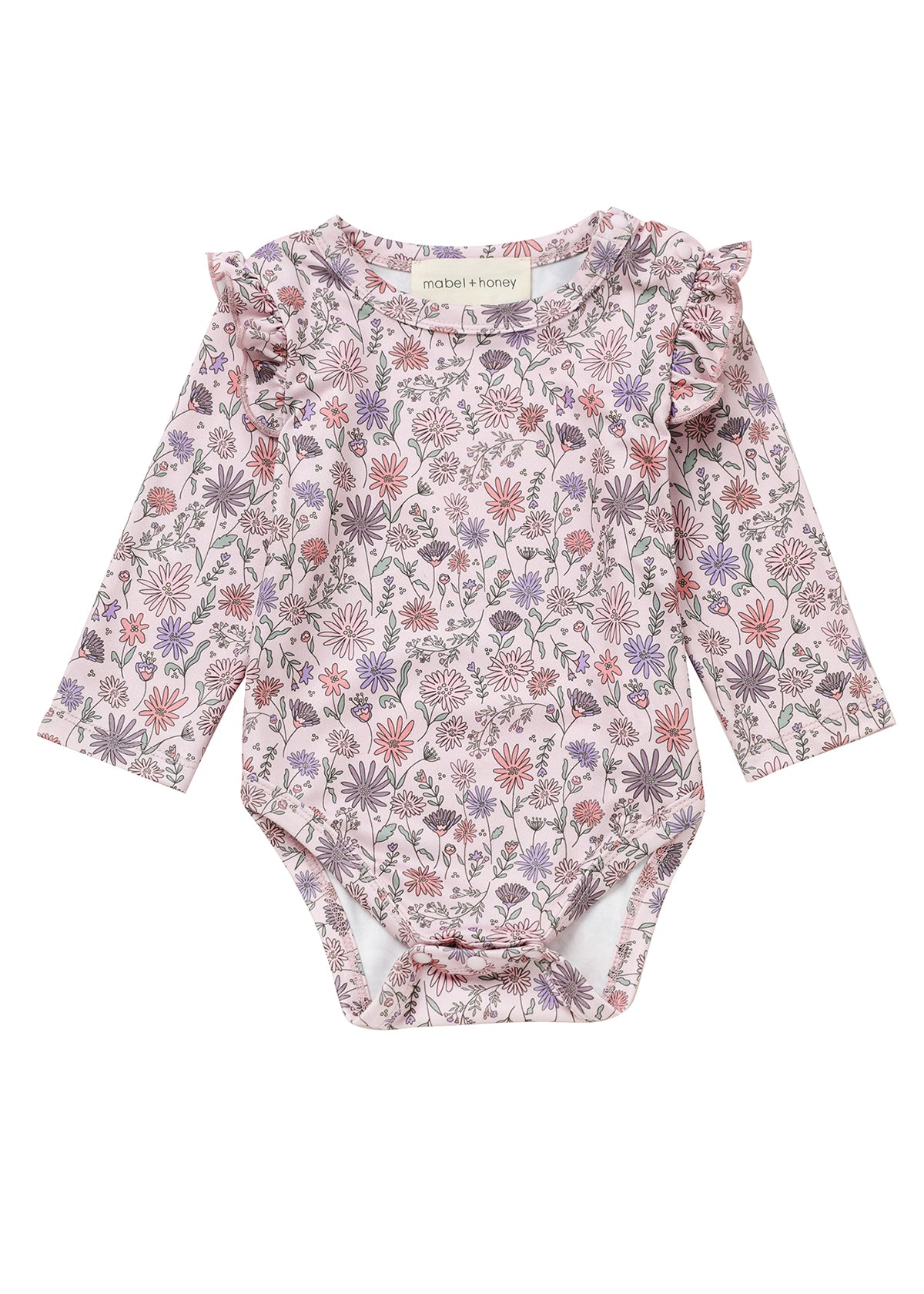 The Mabel and Honey Whimsical Wildflower Bodysuit features long sleeves, a charming floral print, and ruffle shoulders, displayed flat against a white background.