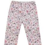 Introducing the Whimsical Wildflower Legging Long Floral Print Straight Leg Leggings by Mabel and Honey—light pink children’s leggings adorned with a vibrant all-over wildflower print in shades of pink, purple, and green. Crafted from soft stretch knit fabric for ultimate comfort, these leggings feature an elastic waistband and straight leg design, making them perfect for everyday wear as baby girl leggings.