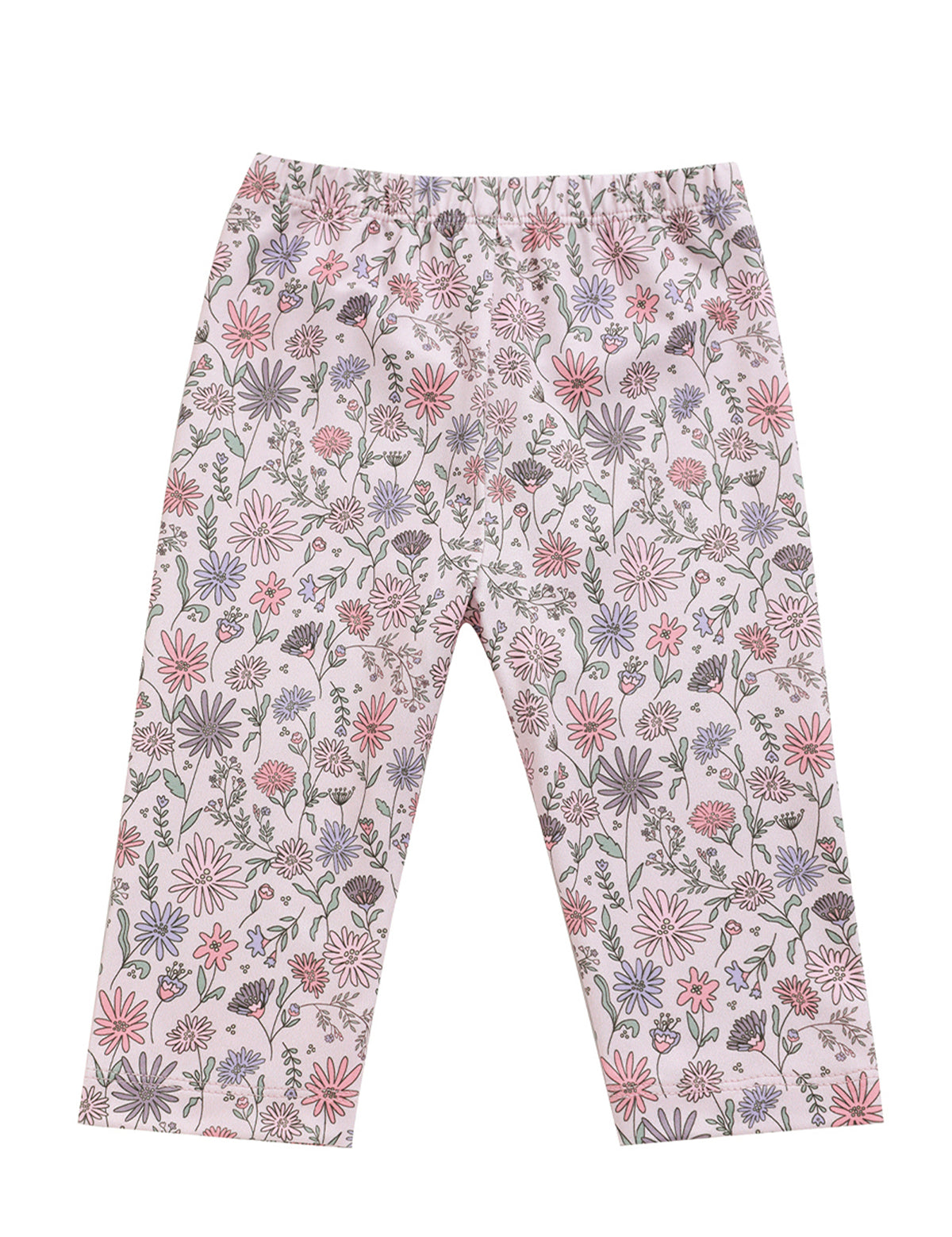 Introducing the Whimsical Wildflower Legging Long Floral Print Straight Leg Leggings by Mabel and Honey—light pink children’s leggings adorned with a vibrant all-over wildflower print in shades of pink, purple, and green. Crafted from soft stretch knit fabric for ultimate comfort, these leggings feature an elastic waistband and straight leg design, making them perfect for everyday wear as baby girl leggings.