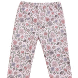 Introducing the Whimsical Wildflower Legging Long Floral Print Straight Leg Leggings by Mabel and Honey—light pink children’s leggings adorned with a vibrant all-over wildflower print in shades of pink, purple, and green. Crafted from soft stretch knit fabric for ultimate comfort, these leggings feature an elastic waistband and straight leg design, making them perfect for everyday wear as baby girl leggings.