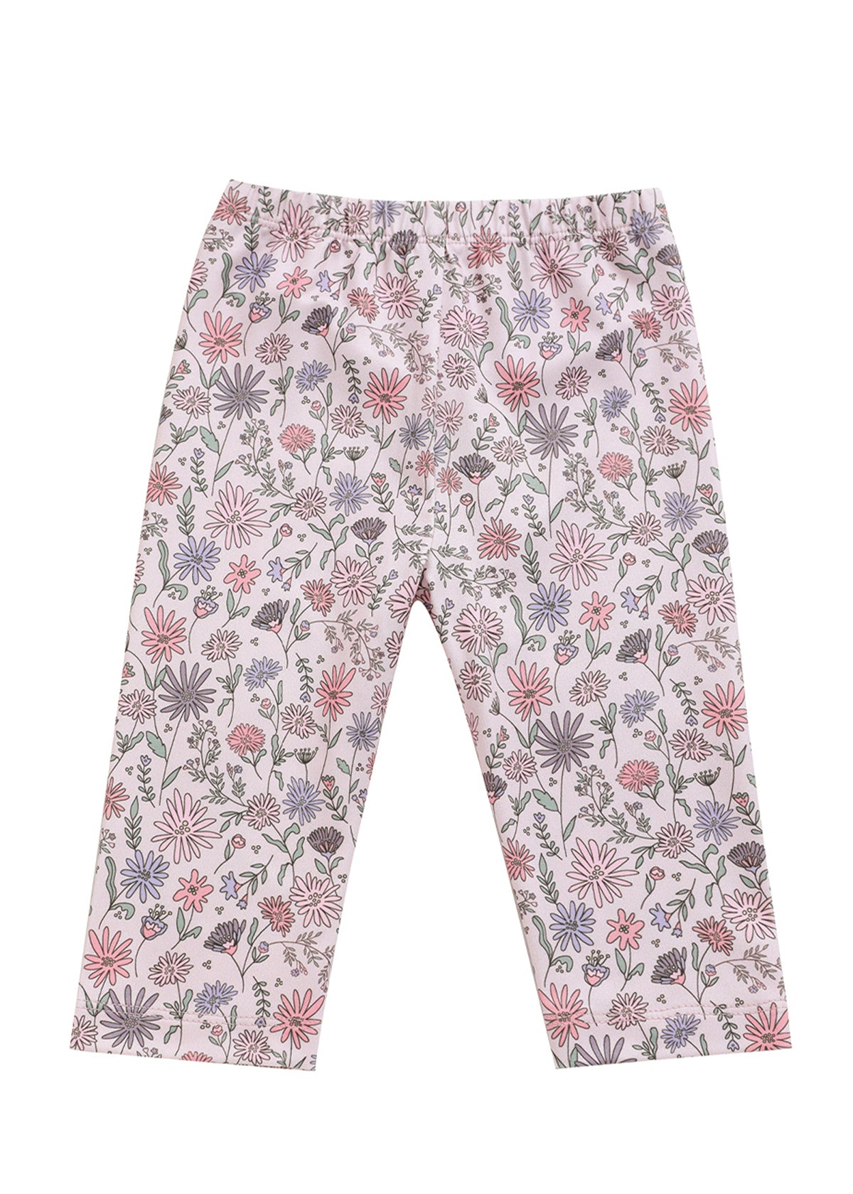 Introducing the Whimsical Wildflower Legging Long Floral Print Straight Leg Leggings by Mabel and Honey—light pink children’s leggings adorned with a vibrant all-over wildflower print in shades of pink, purple, and green. Crafted from soft stretch knit fabric for ultimate comfort, these leggings feature an elastic waistband and straight leg design, making them perfect for everyday wear as baby girl leggings.