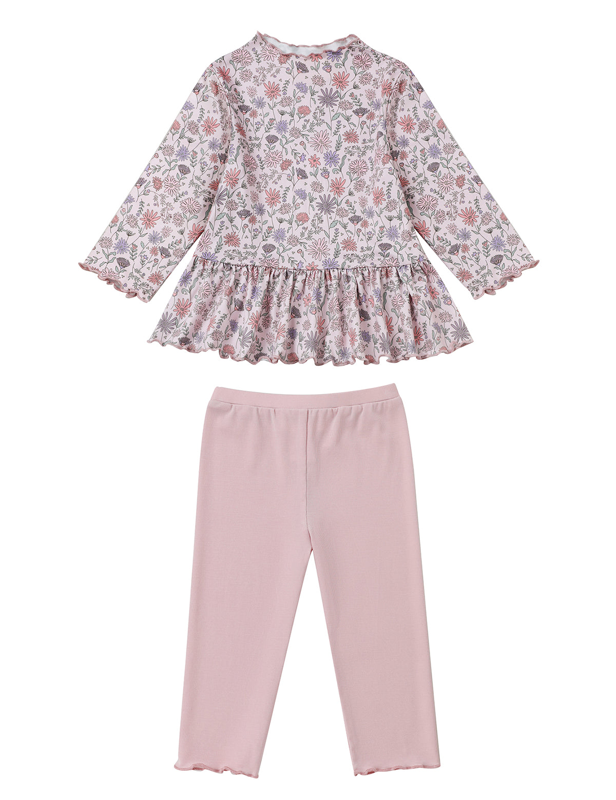 The Mabel and Honey Whimsical Wildflower Two Piece Set features a long sleeve floral peplum top with a charming ruffled hem, beautifully paired with plain light pink leggings for a sweet and stylish girls’ outfit.