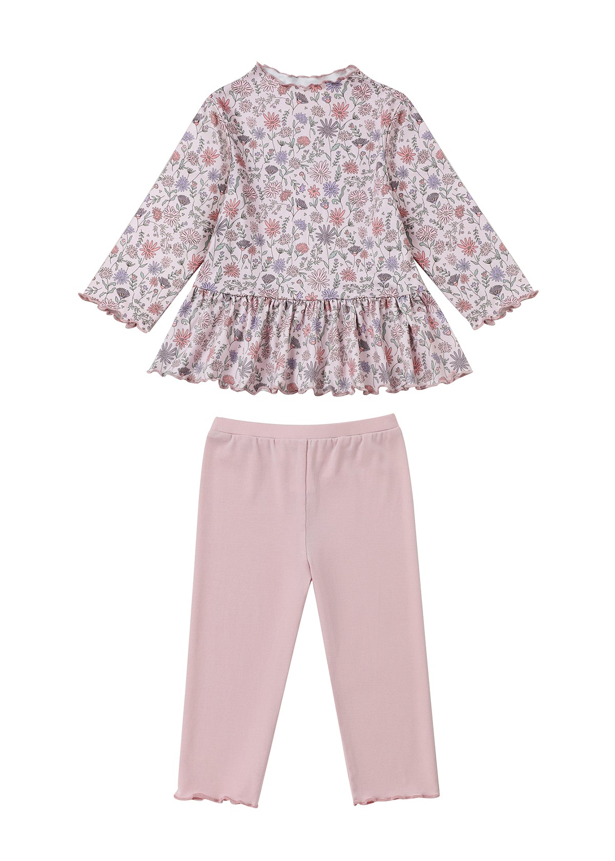 The Mabel and Honey Whimsical Wildflower Two Piece Set features a long sleeve floral peplum top with a charming ruffled hem, beautifully paired with plain light pink leggings for a sweet and stylish girls’ outfit.
