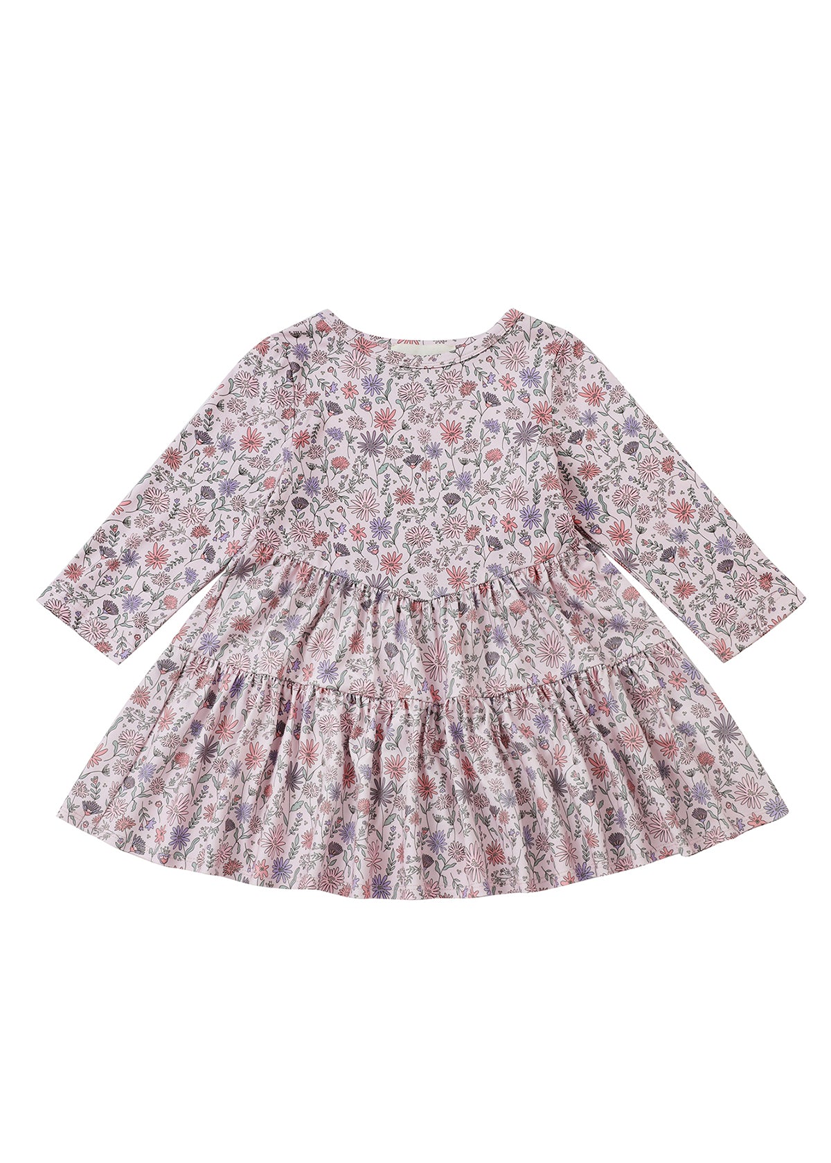 The Mabel and Honey Whimsical Wildflower Dress is a long-sleeve, knee-length A-line dress for children, showcasing a colorful wildflower print on a white background. It features a gathered waist, round neckline, and a charming ruffled tiered skirt.