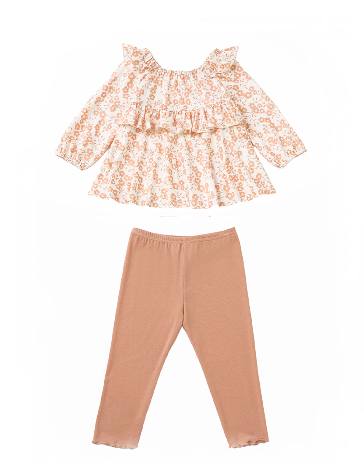 The Mabel and Honey Honey Petals Two Piece Set features a long-sleeve, ruffled floral print top in soft pastel hues paired with solid light brown leggings, both laid flat on a white background.