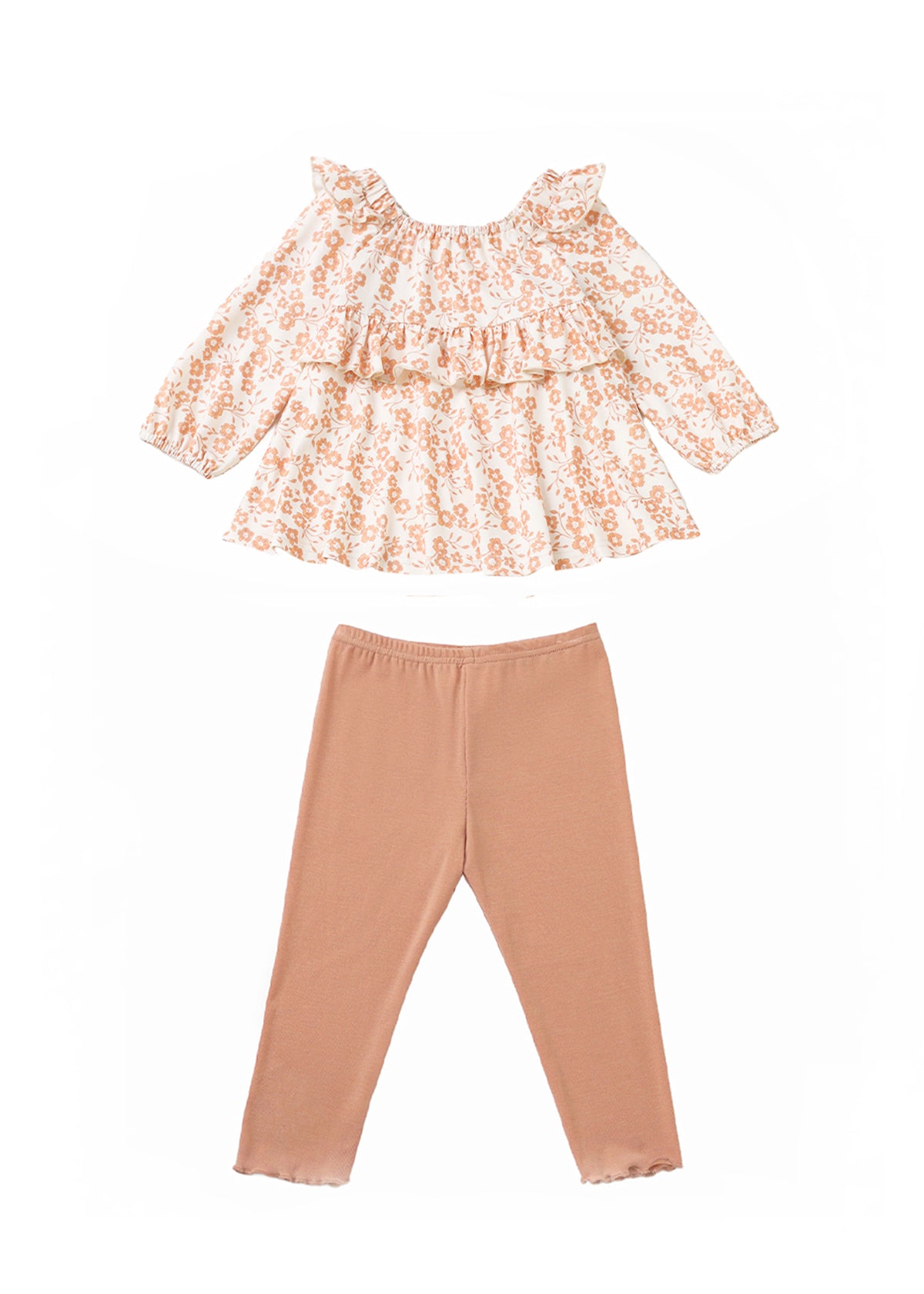 The Mabel and Honey Honey Petals Two Piece Set features a long-sleeve, ruffled floral print top in soft pastel hues paired with solid light brown leggings, both laid flat on a white background.