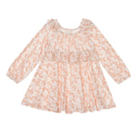 Introducing the Honey Petals Dress Long Sleeve Floral A Line Ruffle Dress from Mabel and Honey. This cream-colored dress features long sleeves, a charming pink floral pattern, a tiered ruffle design, and a ruffled neckline. With its loose, flowy fit accented by gathered sleeves and hem, it’s the perfect choice for any occasion.