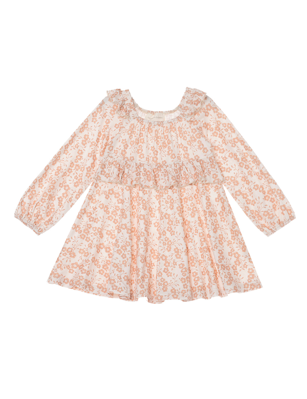 Introducing the Honey Petals Dress Long Sleeve Floral A Line Ruffle Dress from Mabel and Honey. This cream-colored dress features long sleeves, a charming pink floral pattern, a tiered ruffle design, and a ruffled neckline. With its loose, flowy fit accented by gathered sleeves and hem, it’s the perfect choice for any occasion.