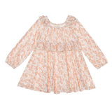Introducing the Honey Petals Dress Long Sleeve Floral A Line Ruffle Dress from Mabel and Honey. This cream-colored dress features long sleeves, a charming pink floral pattern, a tiered ruffle design, and a ruffled neckline. With its loose, flowy fit accented by gathered sleeves and hem, it’s the perfect choice for any occasion.
