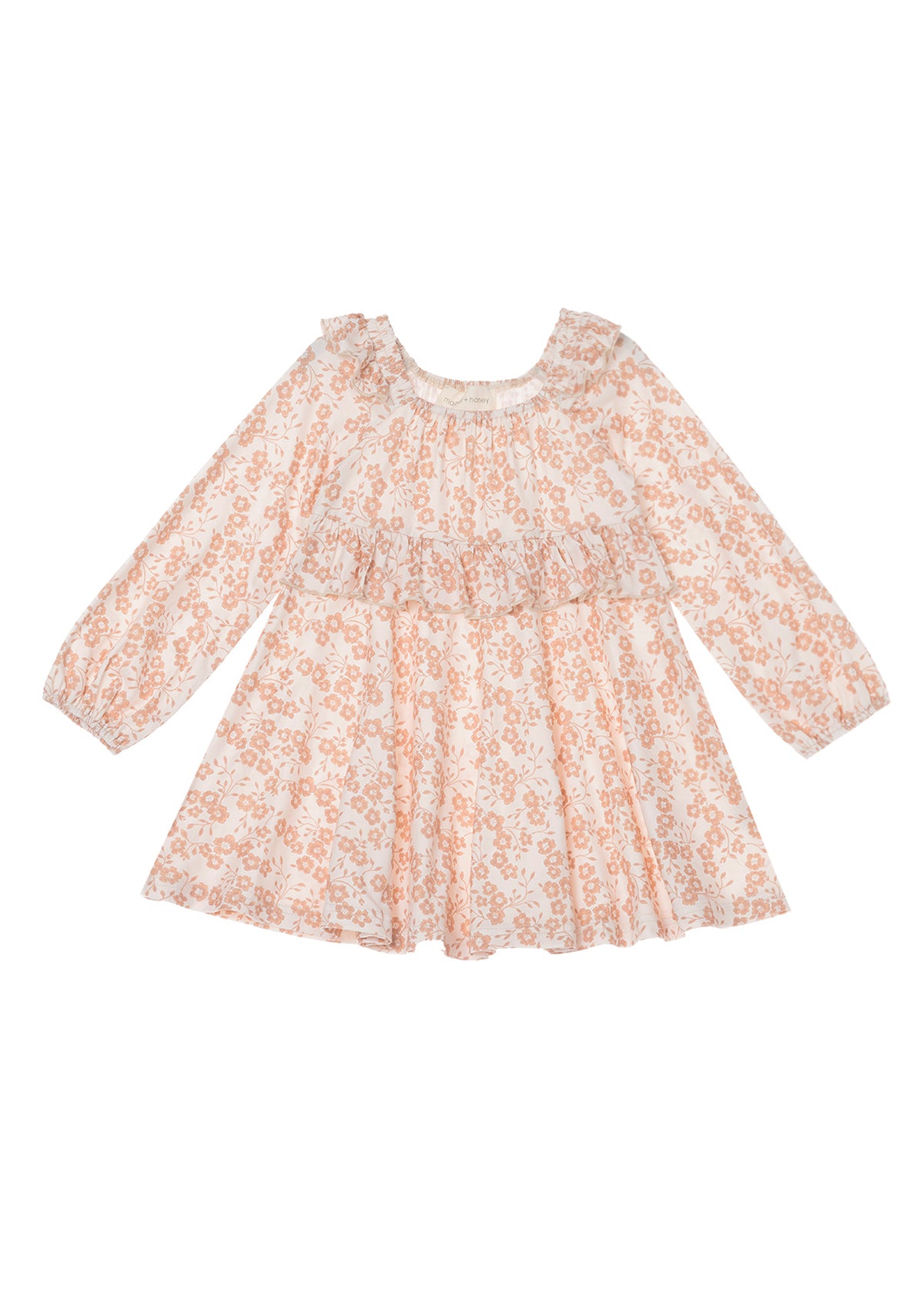Introducing the Honey Petals Dress Long Sleeve Floral A Line Ruffle Dress from Mabel and Honey. This cream-colored dress features long sleeves, a charming pink floral pattern, a tiered ruffle design, and a ruffled neckline. With its loose, flowy fit accented by gathered sleeves and hem, it’s the perfect choice for any occasion.