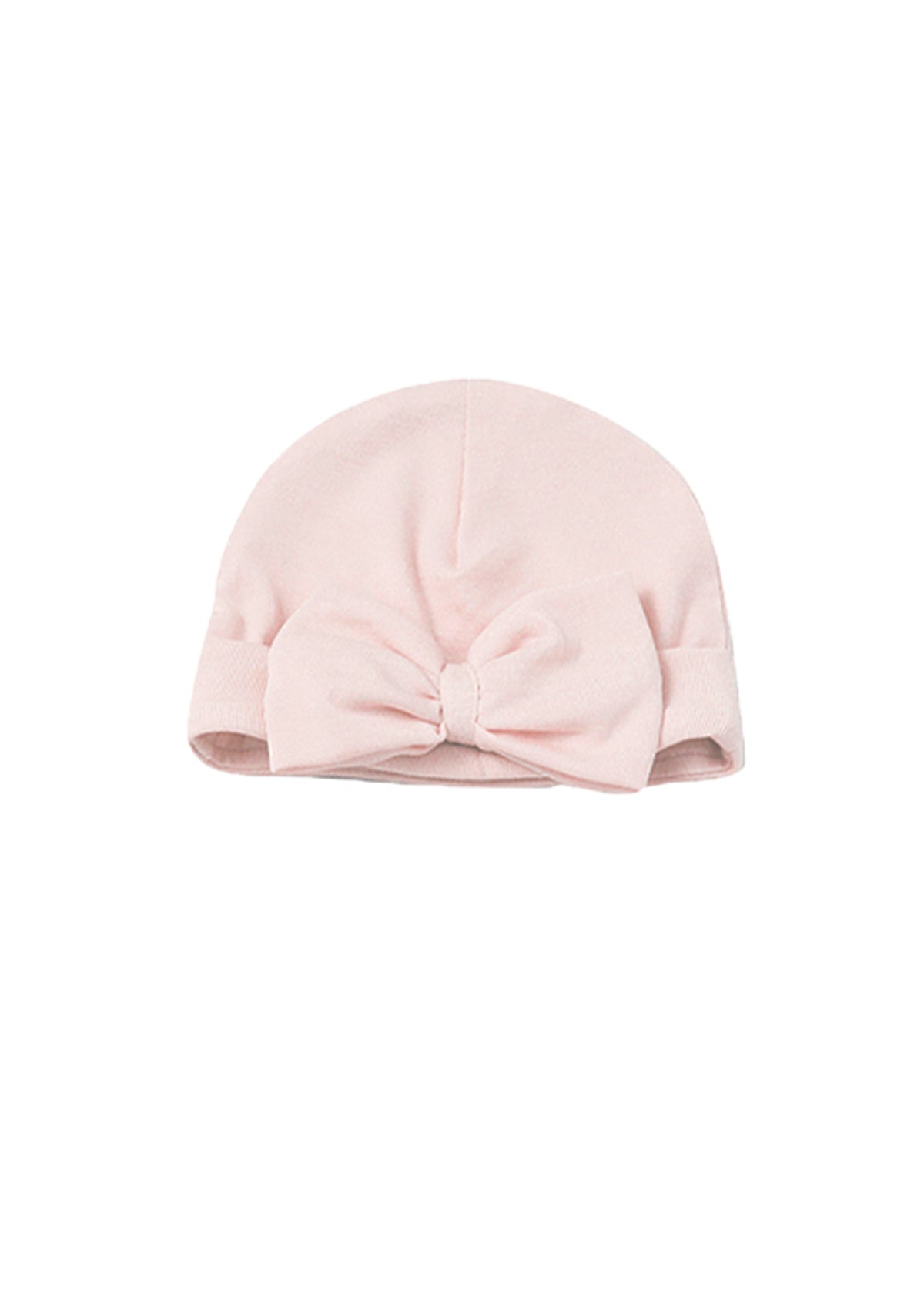 The Amelia Rose Hat Solid Ribbed Knit Bow Detail Baby Hat by Mabel + Honey is a soft pink newborn hat with an oversized bow on the front, displayed against a white background. This charming knit hat provides both comfort and style for your little one.
