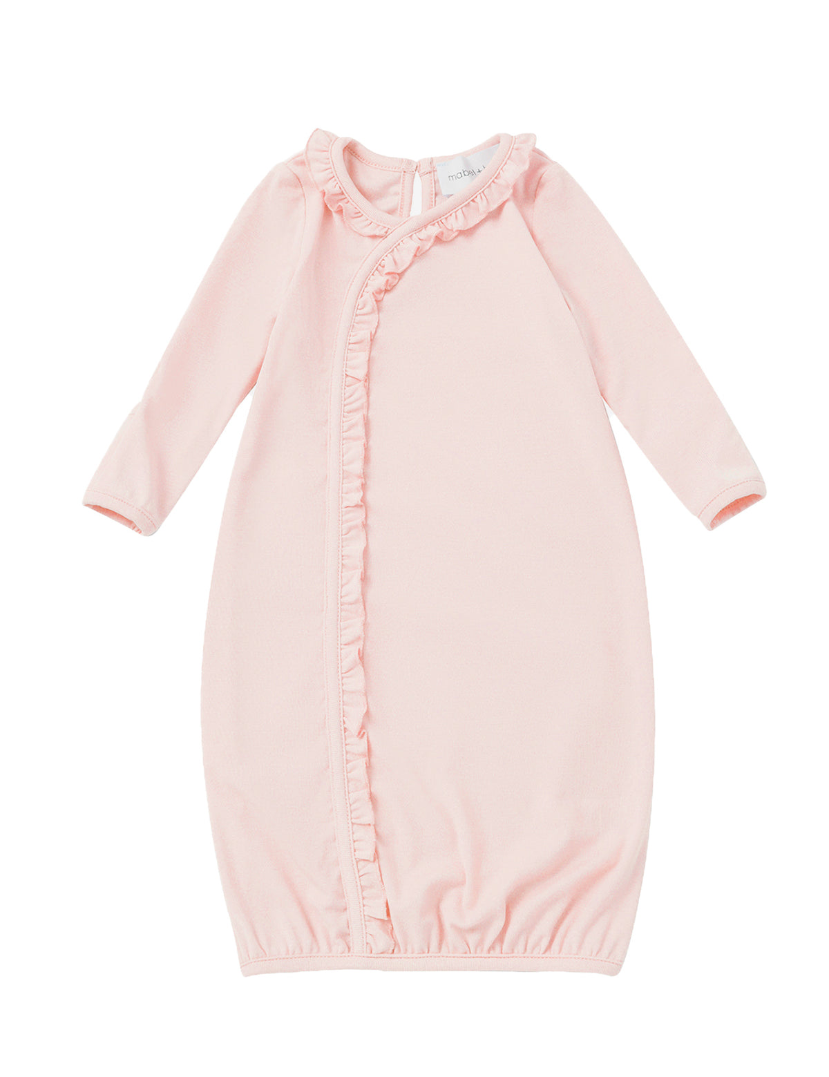 The Amelia Rose Newborn Gown by Mabel and Honey is a light pink, long-sleeve gown designed with soft tencel knit fabric for ultimate comfort. Featuring a wrap-style front with ruffle trim, an elasticized bottom hem, and a small neck opening adorned with delicate ruffles, this cozy newborn gown combines gentle style and practicality.