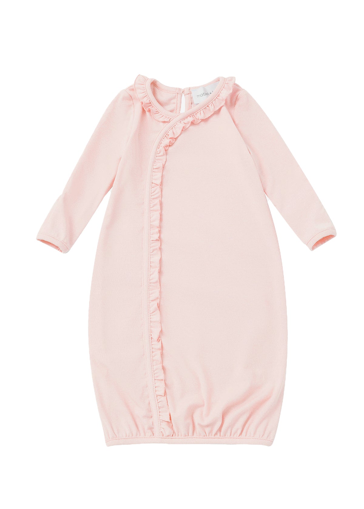 The Mabel + Honey Amelia Rose Newborn Gown features long sleeves and a soft Tencel knit in light pink, designed with ruffle trim along the diagonal front seam and gentle elastic at the hem for comfort.
