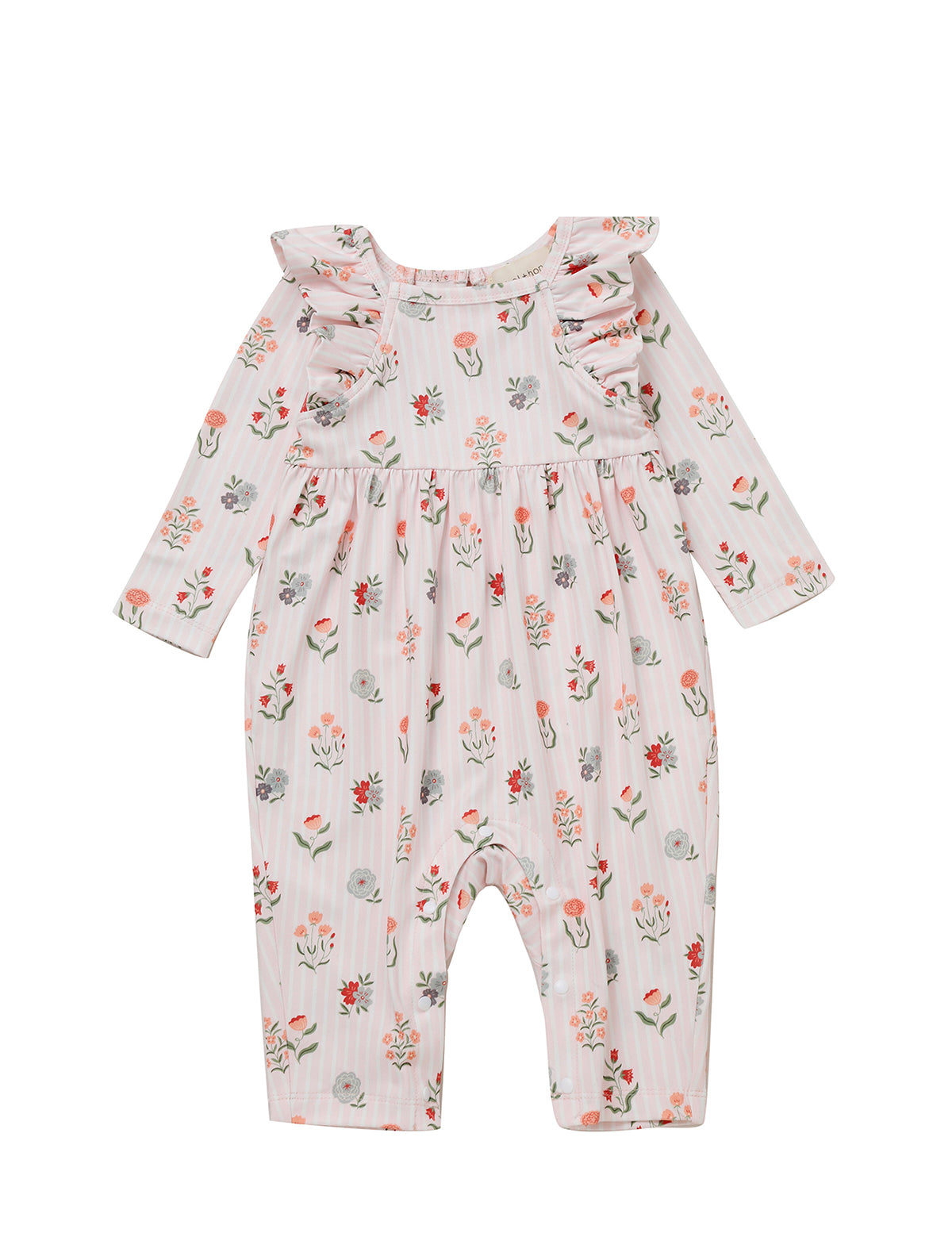 The Mabel and Honey Amelia Rose Romper Long Sleeve Floral Print Ruffle Trim Straight Leg Romper features a pink and gray floral print, ruffle details on the shoulders, and a gathered waist. Perfect for sibling matching when paired with the coordinating pink stripe romper, this charming piece is displayed laid flat on a white background.