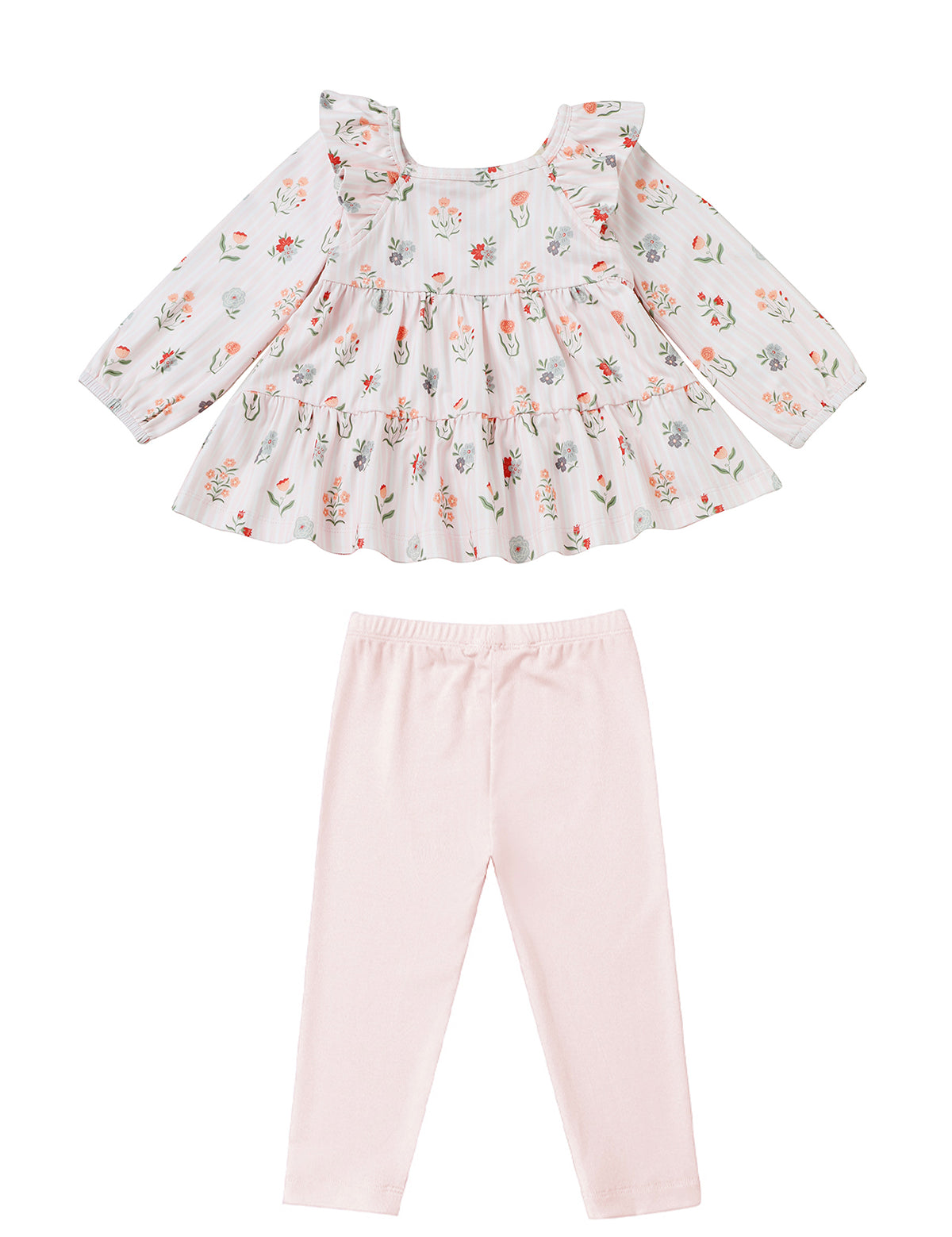 The Amelia Rose Long Sleeve Floral Tiered Ruffle Top and Legging Set by Mabel and Honey features a pink floral long-sleeve ruffle top with a tiered design, perfectly paired with light pink leggings. This adorable girls’ outfit is displayed on a white background.