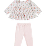 Showcase your little one in the Amelia Rose Two Piece Set from Mabel and Honey, featuring a long-sleeve, floral tiered top in white and pastel hues with delicate ruffles, paired perfectly with light pink leggings. This adorable set is displayed flat against a white background, highlighting its charming and stylish design.
