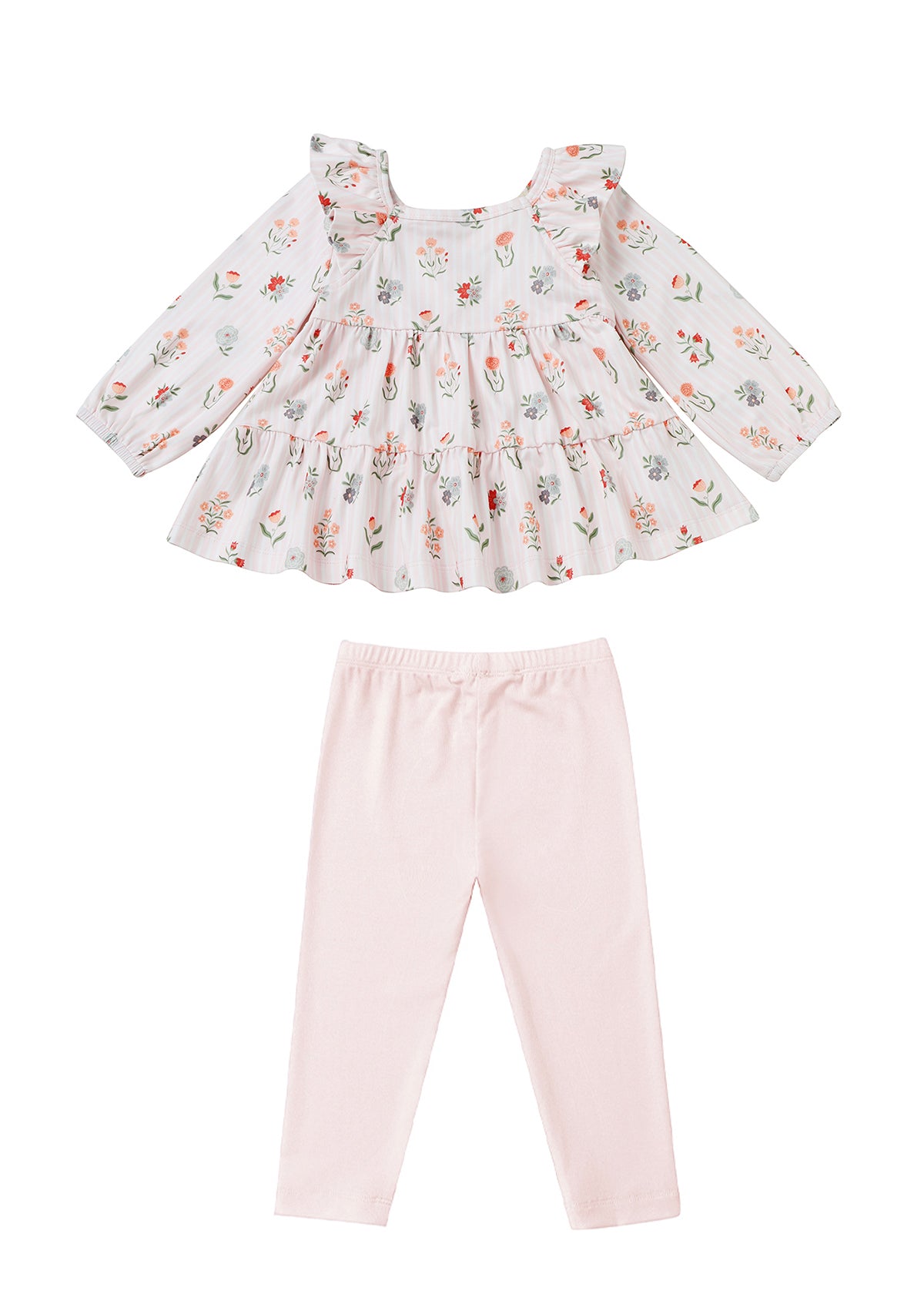 Showcase your little one in the Amelia Rose Two Piece Set from Mabel and Honey, featuring a long-sleeve, floral tiered top in white and pastel hues with delicate ruffles, paired perfectly with light pink leggings. This adorable set is displayed flat against a white background, highlighting its charming and stylish design.