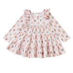 Mabel and Honey Amelia Rose Dress Long Sleeve Floral Tiered Ruffle Trim Dress in pink, featuring charming ruffles, a gathered waist, and a tiered skirt, displayed on a white background.