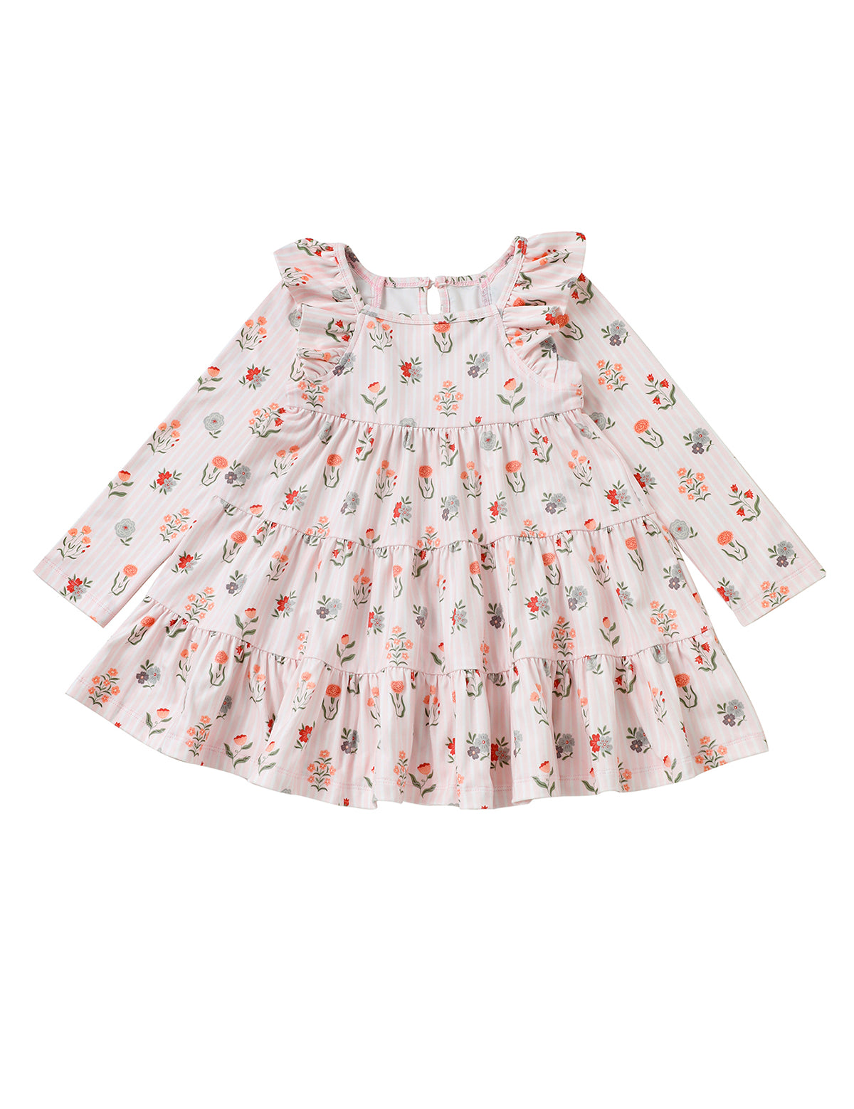 The Amelia Rose Long Sleeve Floral Ruffle Trim Tiered Dress by Mabel and Honey is a light pink dress with long sleeves, delicate ruffle trim, a tiered skirt, and a dainty print of small red, pink, and gray flowers, shown on a white background.