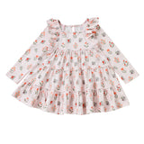 Mabel and Honey Amelia Rose Dress Long Sleeve Floral Tiered Ruffle Trim Dress in pink, featuring charming ruffles, a gathered waist, and a tiered skirt, displayed on a white background.